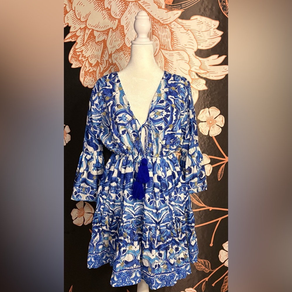 MEDITERRANEAN Italian Blue and White Mini Dress with Silver Sequin Detail